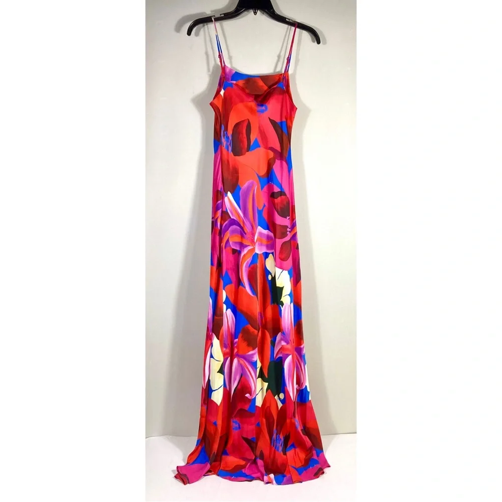*SOLD* Farm Rio Watercolor Floral Slip Satin Maxi Dress Floral Blue Small NEW - Picture 5 of 15